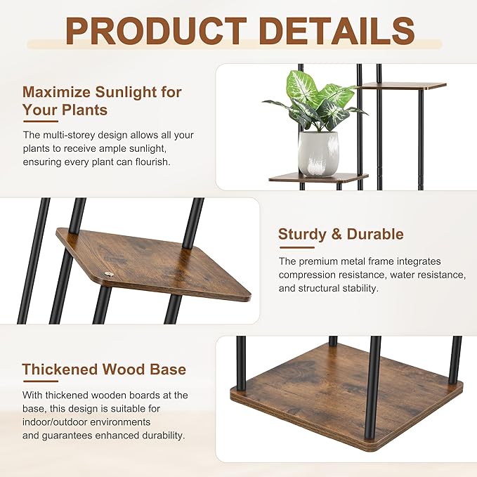 4 Tier Plant Stand Indoor Outdoor, Wood Metal Corner Shelf, Multiple Flower Pot Rack Holder Shelves, Planter Shelf Display Storage Organizer for Patio Living Room Balcony (Black)