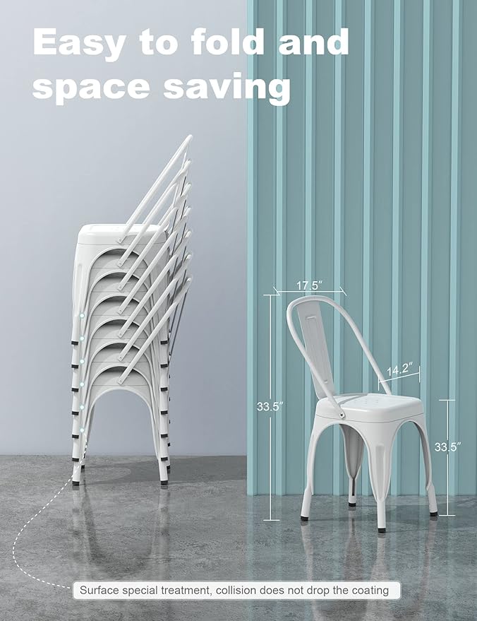 Nazhura Metal Dining Chair Farmhouse Tolix Style for Kitchen Dining Room Café Restaurant Bistro Patio, 18 Inch, Stackable, Waterproof Indoor/Outdoor (Sets of 4) (White)