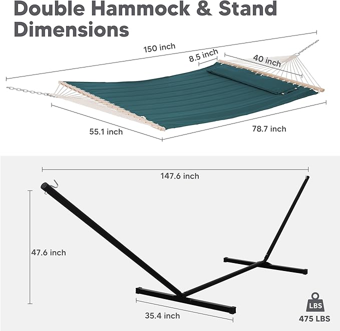 SUNCREAT Hammocks Extra Large Double Hammock with 12 ft Stand for Outside, 475lbs Capacity, Outdoor Portable Hammock with Hardwood Spreader Bar, Extra Large Pillow, Dark Green