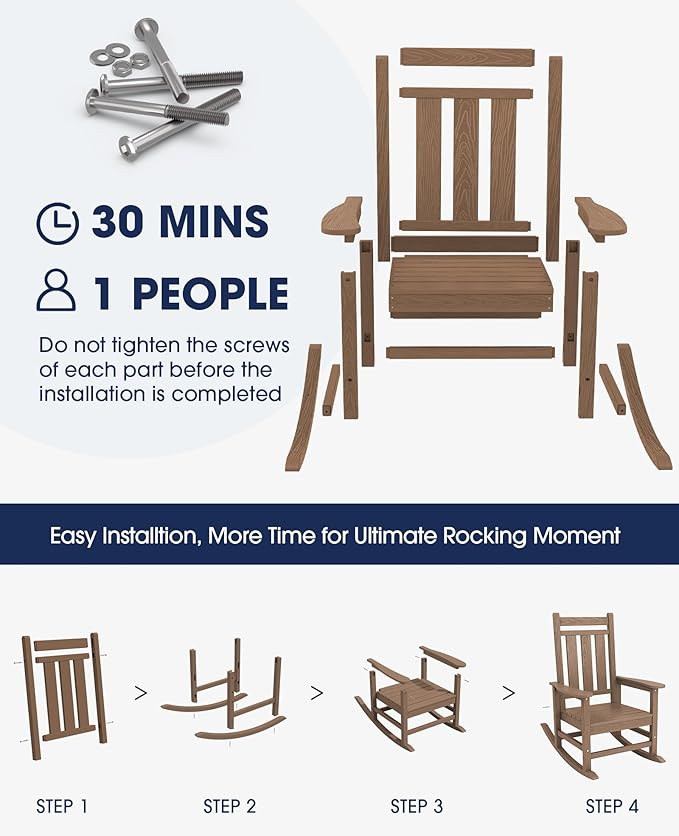 KINGYES Oversized Outdoor Rocking Chair Set of 6, All-Weather Patio Rocking Chairs for Porch, HDPE Outdoor Patio Rockers with High Back & Wide Seat for Garden, Lawn, Brown