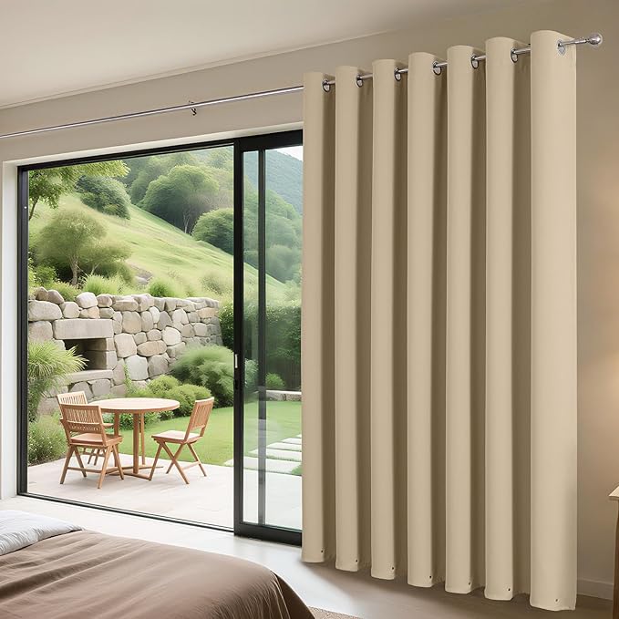 Joydeco Blackout Patio Sliding Door Curtains 72 Inches Long, Grommet Privacy Room Divider Curtains, Extra Wide Thermal Blackout Drapes for Bedroom Living Room (Light Beige, 60Wx72L, 1 Panel)