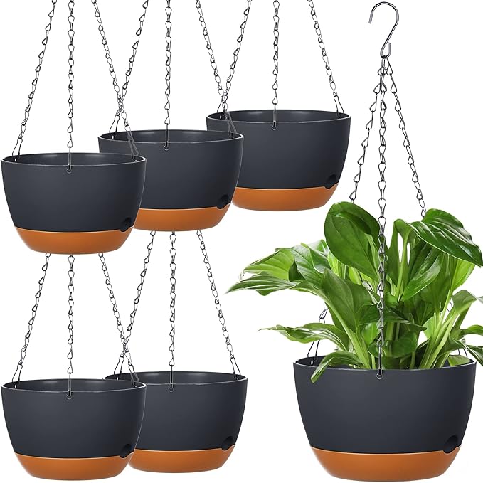 Mumufy 6 Pcs 8 Inch Hanging Planters, Dark Gray, Plastic with Drainage Hole and Removable Saucer, Suitable for Indoor and Outdoor Plants