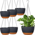 Mumufy 6 Pcs 8 Inch Hanging Planters, Dark Gray, Plastic with Drainage Hole and Removable Saucer, Suitable for Indoor and Outdoor Plants