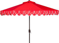 SAFAVIEH 9ft Outdoor Patio Umbrella, Round, Valance, Red & White Trim, Auto Crank Tilt, UV Resistant for Deck, Backyard, Poolside (PAT8006D)