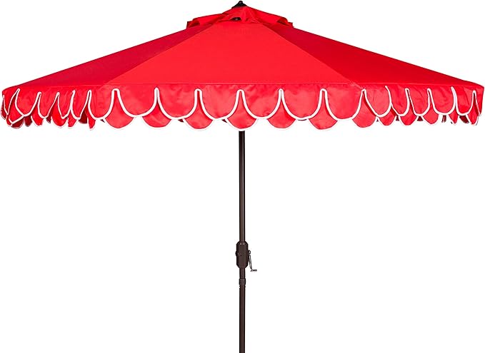 SAFAVIEH 9ft Outdoor Patio Umbrella, Round, Valance, Red & White Trim, Auto Crank Tilt, UV Resistant for Deck, Backyard, Poolside (PAT8006D)