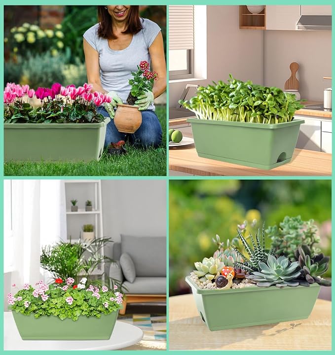 Window Box Planter, 7 Pack Plastic Vegetable Flower Planters Boxes 17 Inches Rectangular Flower Pots with Saucers for Indoor Outdoor Garden, Patio, Home Decor