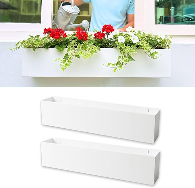 LaLaGreen Wall Planters (30 Inch, 2 Pack) White Carbon Steel Metal Hanging Flower Pots, Long Rectangular Wall Mount Window Box Planter for Succulents, Floating Shelf Outdoor Fence Deck Garden Decor