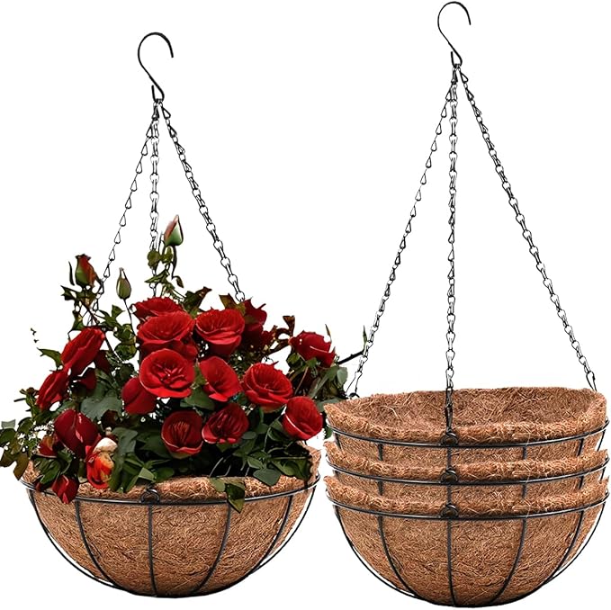 Hanging Baskets for Plants Outdoor(8 inch 4 Pack)- Coconut Coir Hanging Planters Outdoor, Metal Wire Baskets with Coco Liner, Hanging Pots for Plants Indoor, Flower Pots for Railings