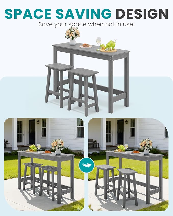 SERWALL 3-Piece Outdoor Bar Set, Rectangular All Weather HDPE Bar Height Patio Set, Outdoor High Top Table and Stools for for Outside, Poolside, Backyard, Garden, Grey