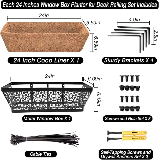 Halatool 24 Inch Window Box with Coco Liner, 2 Pack Sturdy Metal Flower Railing Planter with Coco Coir Basket Liners for Window Deck Fence Porch Balcony and Patio Outdoor Indoor Lawn