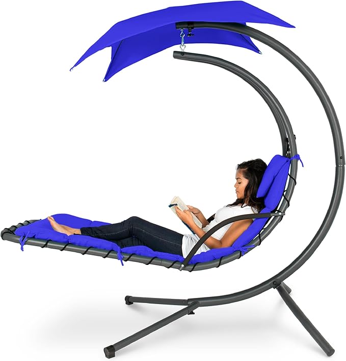 Best Choice Products Outdoor Hanging Curved Steel Chaise Lounge Chair Swing w/Built-in Pillow and Removable Canopy - Resort Blue