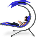 Best Choice Products Outdoor Hanging Curved Steel Chaise Lounge Chair Swing w/Built-in Pillow and Removable Canopy - Resort Blue