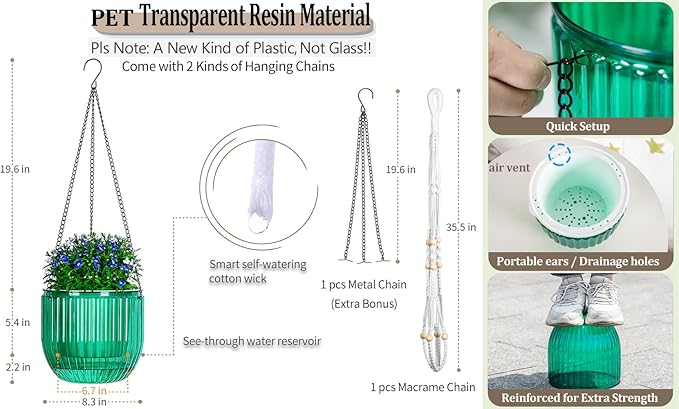 Melphoe Self Watering Hanging Planters for Indoor Plants, 1 Pack 8.3 Inch Outdoor Hanging Plant Pot Basket, 2 Kinds of Hangers Macrame 35.5’’ & Metal Chain 19.6’’ for Garden Home Decor