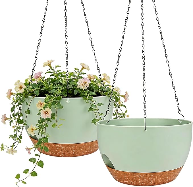 Set of 2-8 Inch Self Watering Hanging Planters for Indoor Outdoor，Hanging Plant Pots with Drainage & Removable Tray, Hanging Pots Holder for Ivy, Pothos, Ferns, Balcony & Patio, Green Brown