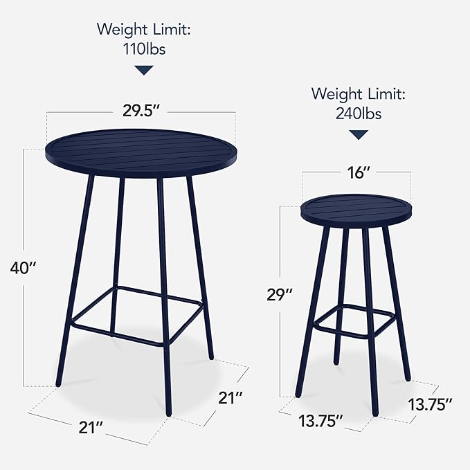 Best Choice Products 3-Piece Patio Dining Set, Bar Height, Outdoor Bistro Set, Outdoor Round Bar Table w/ 2 Bar Stools, Steel - Navy