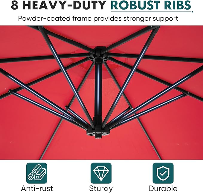 OLIXIS Offset Patio Umbrella, 9.7FT Cantilever Table Umbrellas for Outdoor Sun Shade UV Protection with Easy Tilt Adjustment, 8 Ribs for Backyard, Lawn, Garden, Pool - Red