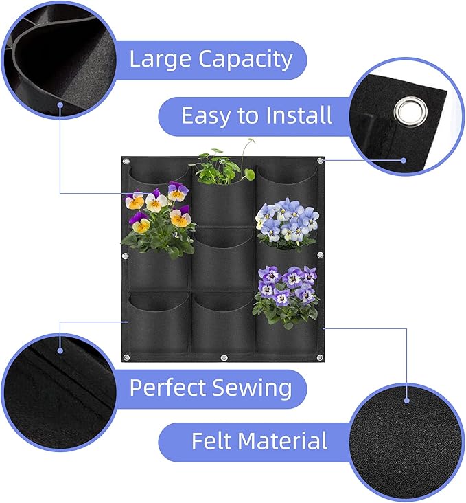 9 Pockets Hanging Planter Bags, Hanging Vertical Wall Mounted Plant Planting Grow Bags, Herb Garden Planter Outdoor Indoor Growing Bag, Gardening Vertical Greening Flower Container(0.5m×0.5m, Black)