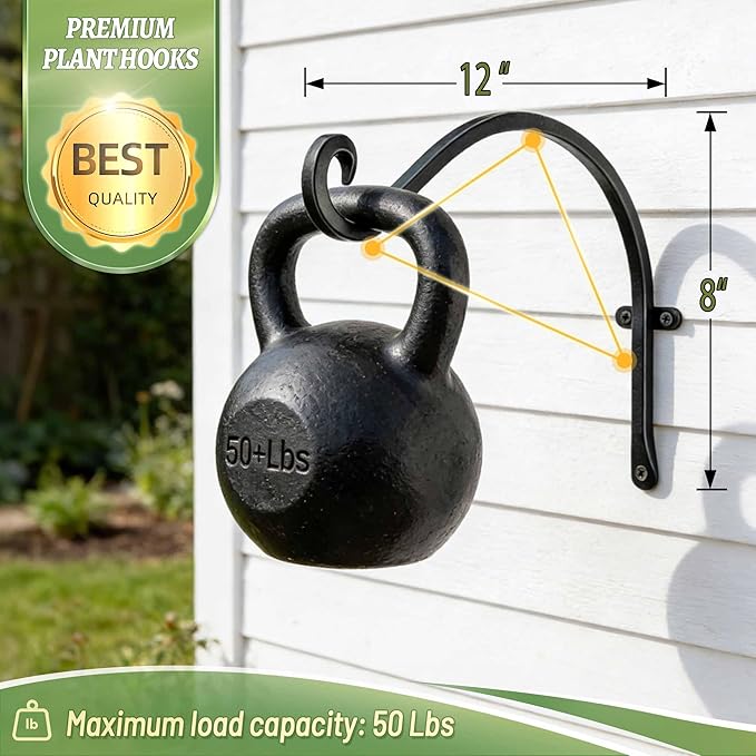 Qiang Ni Outdoor Bird Feeder Hanger Hooks: 12-Inch 50Lbs Wall Hanging Plant Bracket Indoor - 2 Pieces Plant Hooks for Hanging Flower Baskets