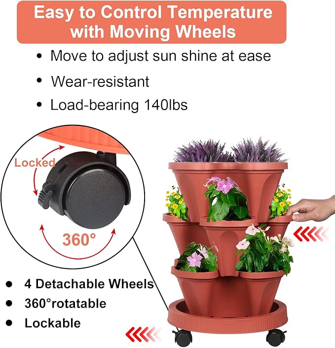 DUNCHATY Stackable Planters 3 Tier Vertical Garden Planting Tower Planters Strawberry, Herb, Flower, and Vegetable Planter Indoor Outdoor Gardening Pots with Removable Wheels and Tools