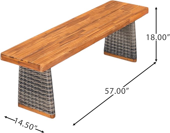 Christopher Knight Home Pasco Acacia Wood Outdoor Dining Table Set for 6, Wicker Patio Dining Set with Acacia Wood Table and Bench, Patio Table and Chair Set with Cushion+Rope Backrest, Teak+Grey