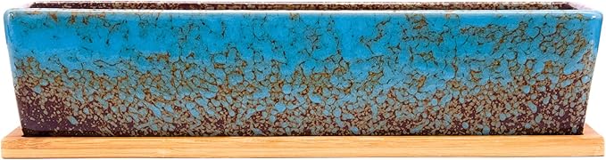 ARTKETTY Succulent Pots - Large Succulent Planter Pots with Drainage, 12 Inch Long Rectangle Bonsai Pot with Bamboo Tray Shallow Ceramic Cactus Flower Planter Window Box for Home Garden Decor (Blue)