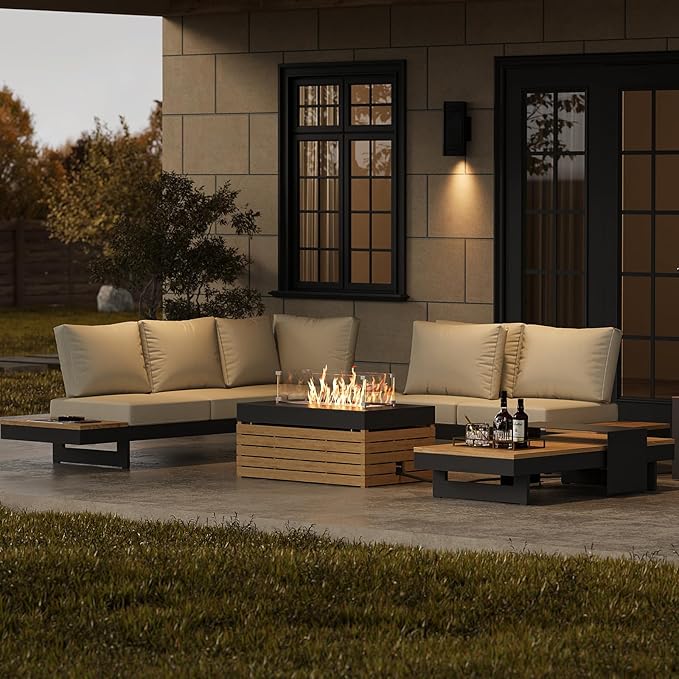 homary Patio Conversation Sets with Fire Pit-Modular Outdoor Sofa Aluminum & Teak Outdoor Sofa Se with Glass Wind Guard Ideal for Patios & Balconies, 6 Pepole, Beige