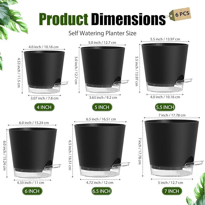 Plant Pots 4/5/5.5/6/6.5/7 Inch Self Watering Pots, 6 Pack Plastic Planters with Drainage Holes and Clear Saucers,Plastic Flower Pots,Nursery Planting Pot for Indoor Out Door Plants(Black)