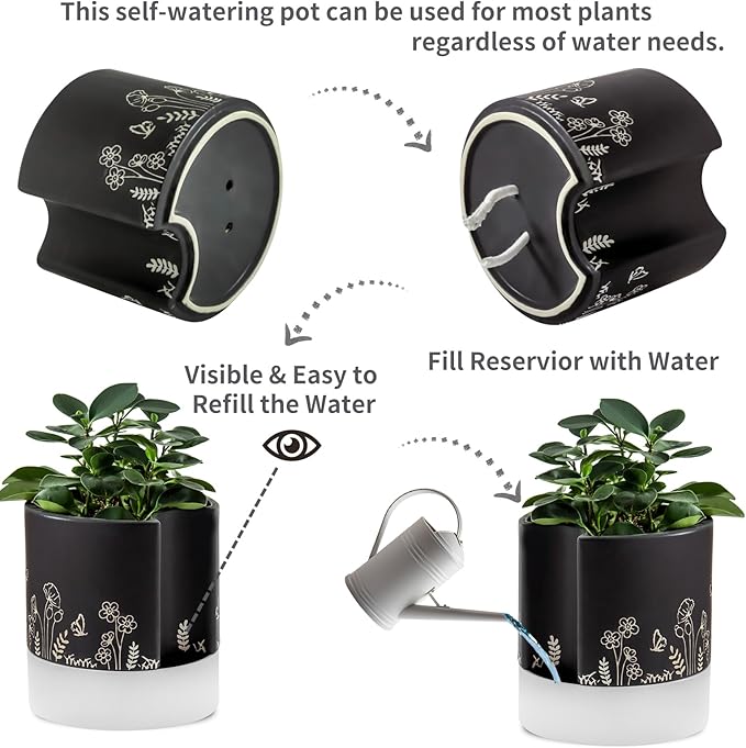 Nihow Self Watering Plant Pot: 8 Inch Ceramic Planter with Drainage Hole & Water Storage Plus for Indoor & Outdoor Plants - Cylinder Round Flower Pot for Succulent/Herbs/Violets - Black
