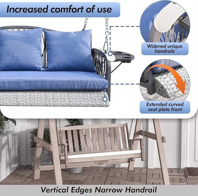 Wicker Porch Swing Heavy Duty 900 LBS 3-Seat Outdoor Patio Swing Chair with Cushions & 8.9ft Chains Outdoor Hanging Bench with Upgraded Cup Holders for Garden Deck Backyard