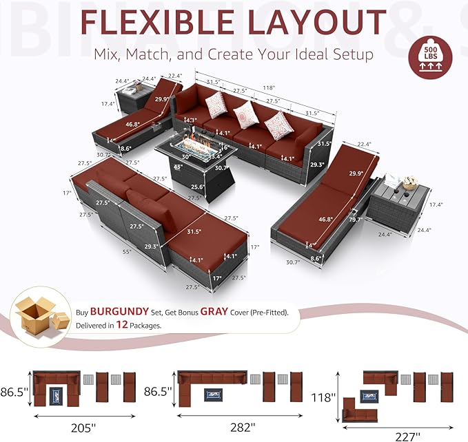 NICESOUL 13 Piece Wicker Outdoor Patio Furniture Set with Fire Pit, XL Size 10-Seater Patio Sectional with Firepit & Chaise Lounge, All Weather 500 lbs Heavy Duty Outside Sofa, Grey & Red
