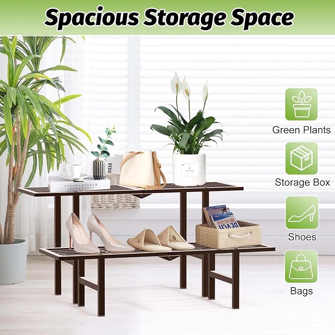 2 Tier Plant Stand Indoor Outdoor, Foldable Metal Separated Ladder Plant Stands, Plant Shelf Multiple Flower Pot Holder Display Shelving for Garden Living Room Patio,Brown