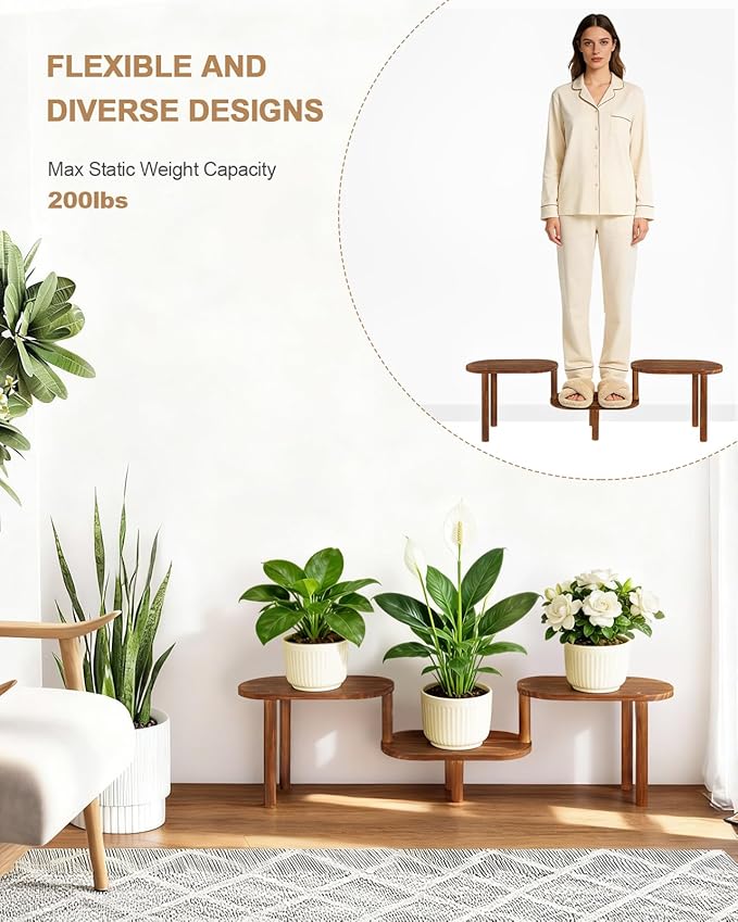Concave Plant Shelf Indoor,3 Tiers Deformable Oval Plant Stand,Heavy Duty Long Flower Pot Stand for Multiple Plants,Low Plant Holder for Patio Balcony Living Room Office