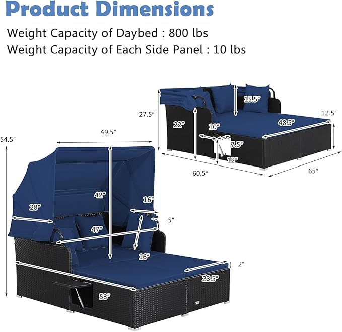 Tangkula Patio Rattan Daybed with Retractable Canopy, Outdoor Wicker Sunbed Lounger with 2 Foldable Side Tables, Thick Seat & Back Cushions, Outside Double Daybed for Garden, Backyard, Porch, Navy