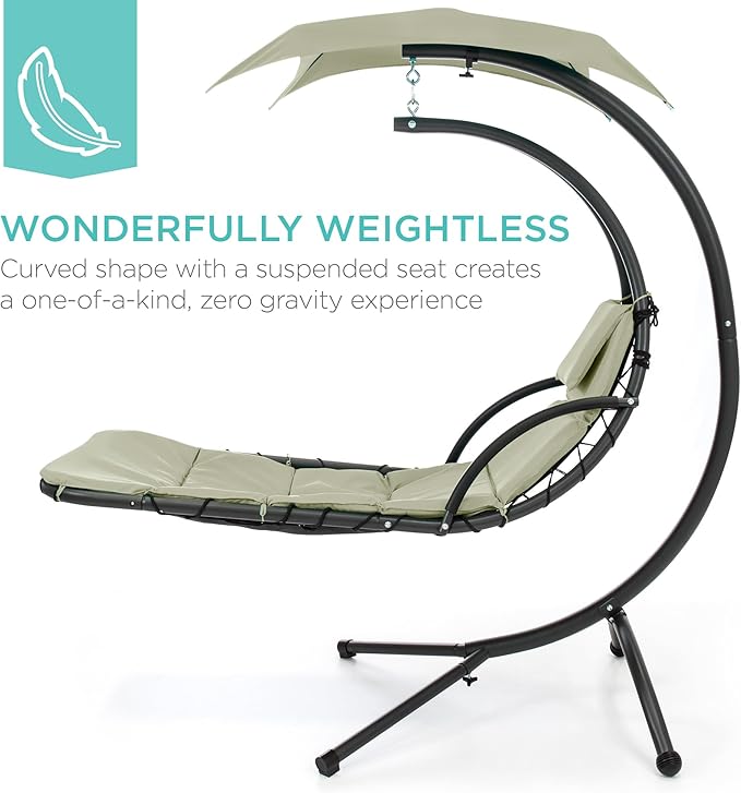 Best Choice Products Outdoor Hanging Curved Steel Chaise Lounge Chair Swing w/Built-in Pillow and Removable Canopy - Sage