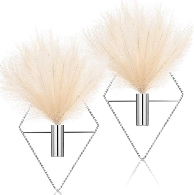 2 Pieces Wall Decor Hanging Planters with Artificial Plants Metal Hanging Vase Indoor Plants Holder Modern Boho Wall Art for Bathroom Bedroom Living Room Decor(Silver,Pampas Grass)