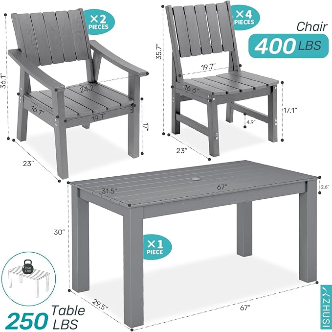 ZHUSI Patio Table and Chairs Set,HDPE Outdoor Dining Set with Umbrella Hole for Backyard, Poolside, Porch,All Weather,Grey
