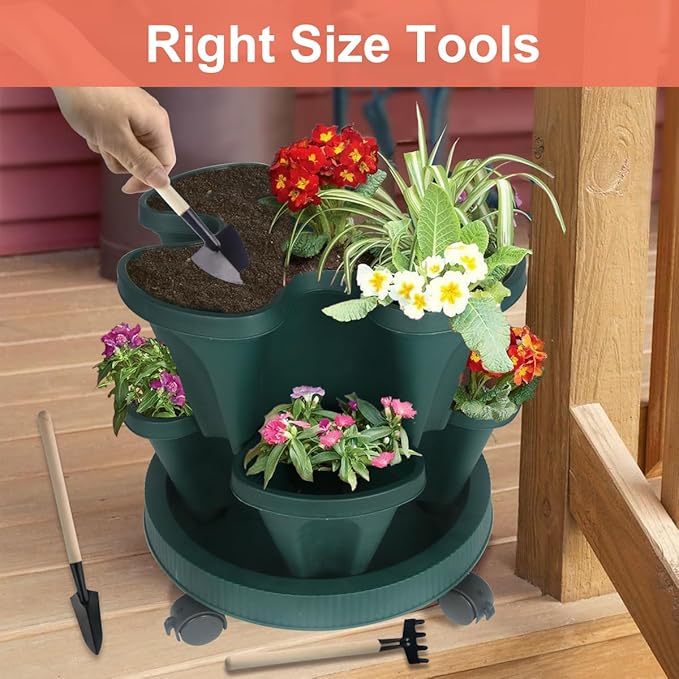 DUNCHATY Stackable Planter, Vertical Garden Planter with Wheels and Tools, Self Watering Strawberry Planter Indoor/Outdoor 6 Tier Herb Planter Pots for Growing Vegetables and Succulents,Pine Green