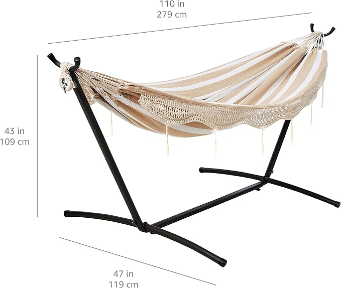 Amazon Basics Double Hammock with 9-Foot Space Saving Steel Stand and Carrying Case, 2 Person, 450 lb Capacity, Beige Stripe with Lace, 110" x 47" x 43"