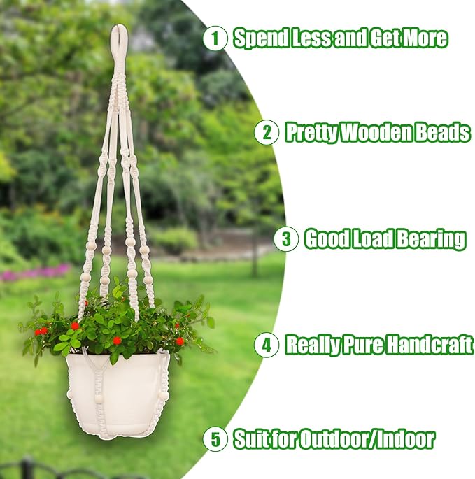 Macrame Plant Hanger Indoor,Hanging Planters for Indoor Plants with 8 Hooks,Outdoor Hanging Plant Holder Crochet for Window,Ceiling Boho Home Decor Basket Pot,White 4 Pack,Ivory