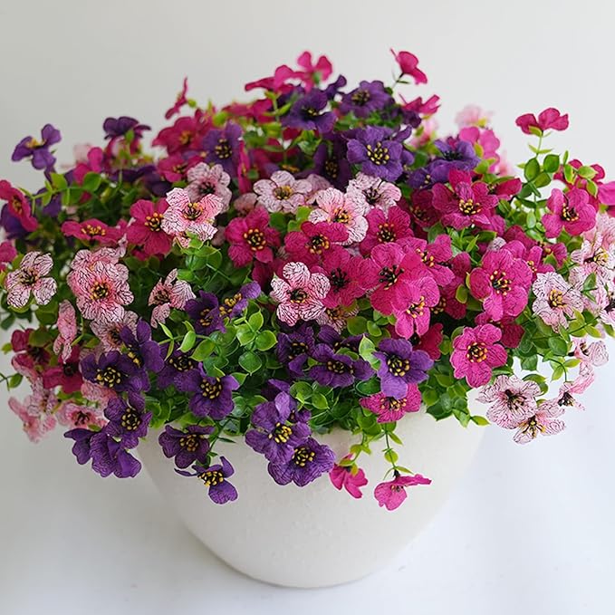 Artificial Flowers for Outdoor, UV Resistant Fake Silk Flowers, Realistic Faux Plants for Outside Indoor Porch Patio Window Box Planter Home Decor (14, Purple Rosy Pink)