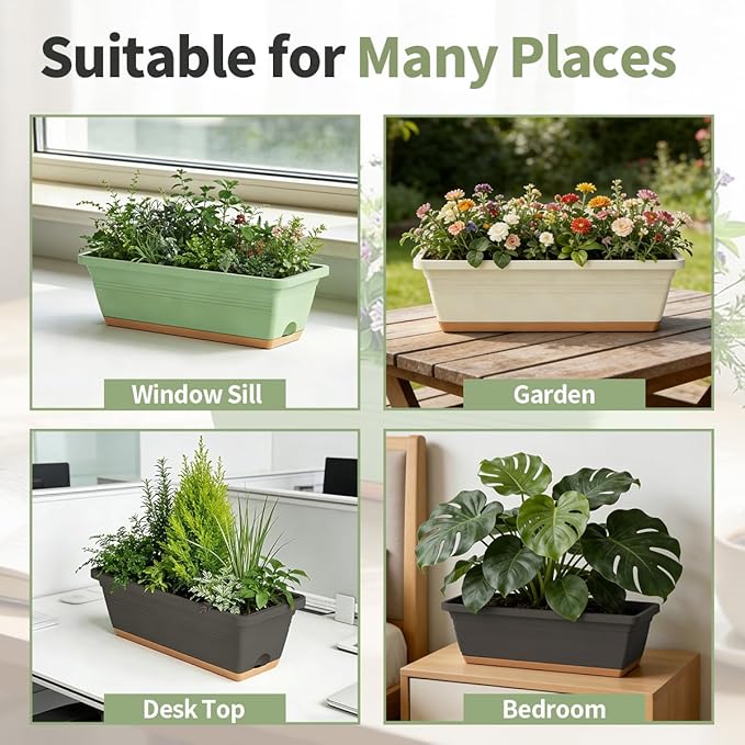 Window Box Planter, 6 Pack Plastic Vegetable Flower Window Planters Boxes 16 Inches Rectangular Flower Pots with Drainage Holes and Saucers (Mixcolor)