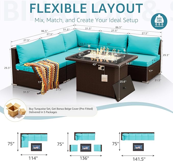 NICESOUL 6 Piece L-Shaped Patio Furniture Set with Fire Pit Table Natural Gas/Propane, 29.3'' High-Back Deep Wide Seat Outdoor Conversations, XL Big Fireplace Couches, Brown Rattan and Teal Cushion