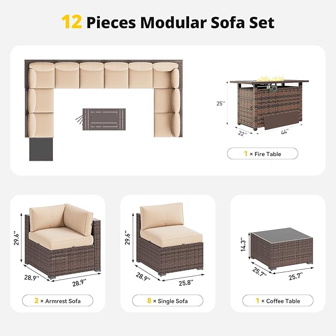Aoxun Patio Furniture Set with Fire Pit Table, 12 Piece Outdoor Sectional Sofas, 10 Seats Wicker Outdoor Furniture with Thickened Cushion for Backyard, Garden (Brown Rattan Begin Cushions)