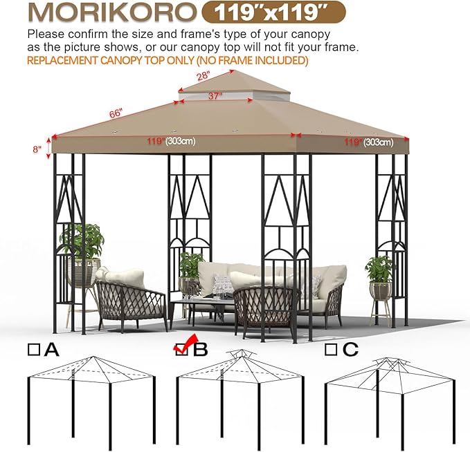 119''x119'' Canopy Replacement Top Double Tiered Gazebo Cover for Yard, Patio & Garden Durable Sunshade Replacement(No Frame)(Khaki)