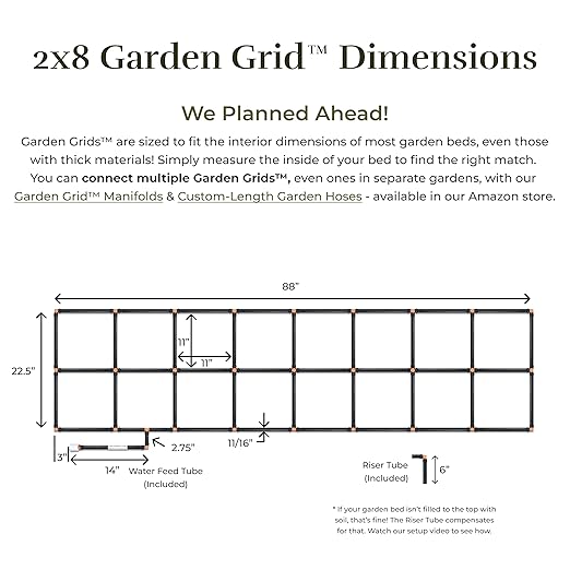 The Garden Grid | Preassembled Garden Watering System for Raised Beds | Drip Irrigation System & Soaker Hose - But Better | 1-Min Setup, USA-Made, Lasts 5-10x Longer | Size: 2x8 -Dims: 22.5"x88"