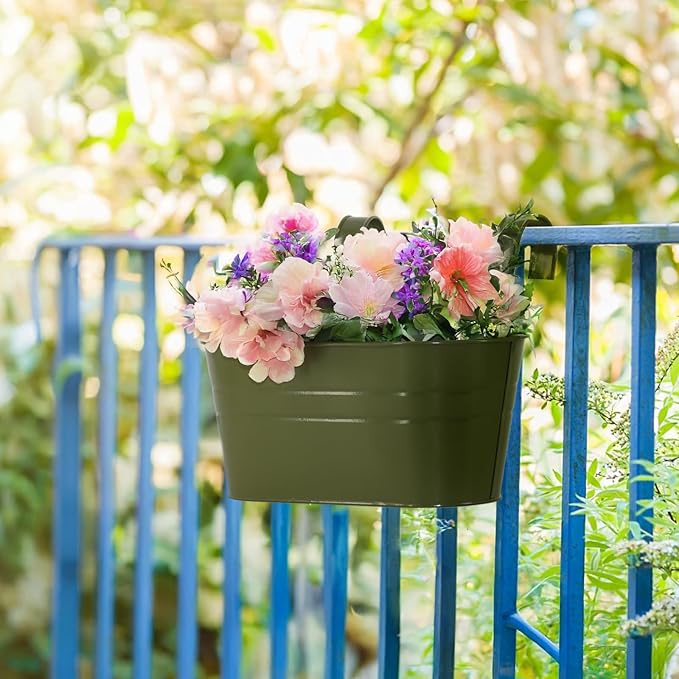 3 Pack Metal Railing Planters, 10.5" Oval Hanging Flower Pots with Detachable Hooks & Drainage Holes, Fits Rails up to 2.36", Galvanized Iron Fence Bucket for Balcony Garden Patio - Green
