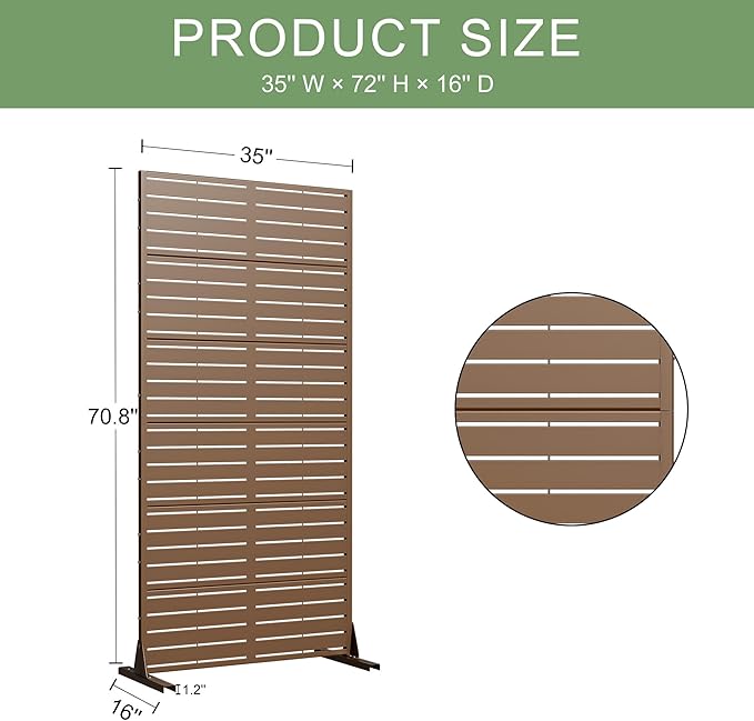 Casaphoria Metal Privacy Screen Outdoor, 72" H x 35" W Freestanding Decorative Privacy Screen for Patio Deck Balcony Garden with Stable Base, Brown-Louvered