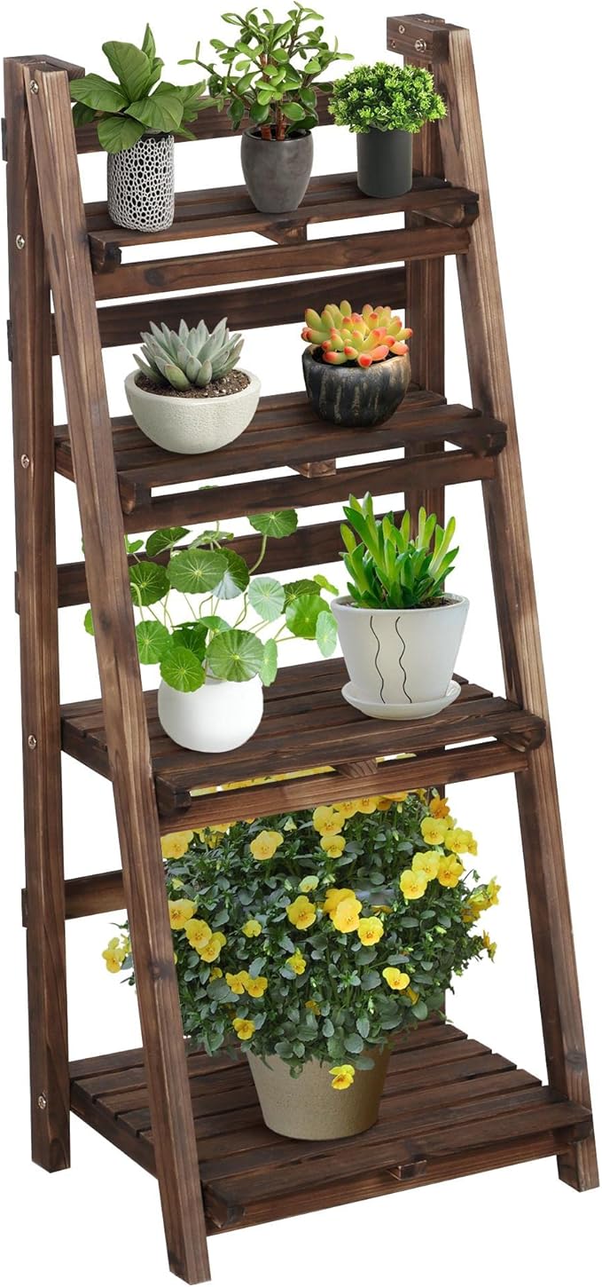 Yaheetech Foldable Ladder Shelf Wooden Plant Stand Indoor Outdoor Shelves No Assembly Flower Display Multi-Functional Shelves Outdoor Storage Shelf for Living Room/Garden/Office/Kitchen Brown