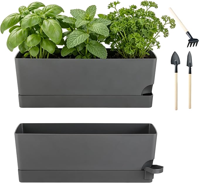 2 Pack Rectangle Self Watering Pots for Indoor Plants 17 Inches Window Boxes Planters Rectangular Flower Pots Herb Large Plant Pots with Drainage Holes and Saucers Windowsill Planter, Grey
