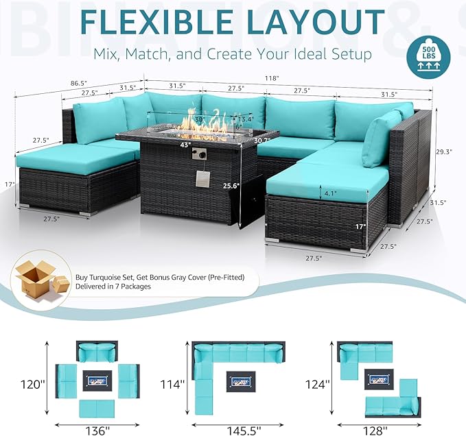 NICESOUL Big Size 9 Piece Patio Furniture Set with Fire Pit Natural Gas & Propane, 29.3'' High Back Comfy Outdoor Rattan Conversations, Wide Seats Couches for Outside, 2 Color Cushions Teal & Gray